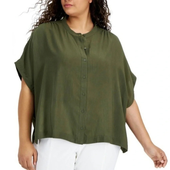New Calvin Klein Button Front Semi Sheer Blouse Green Size 0X - Picture 1 of 8
